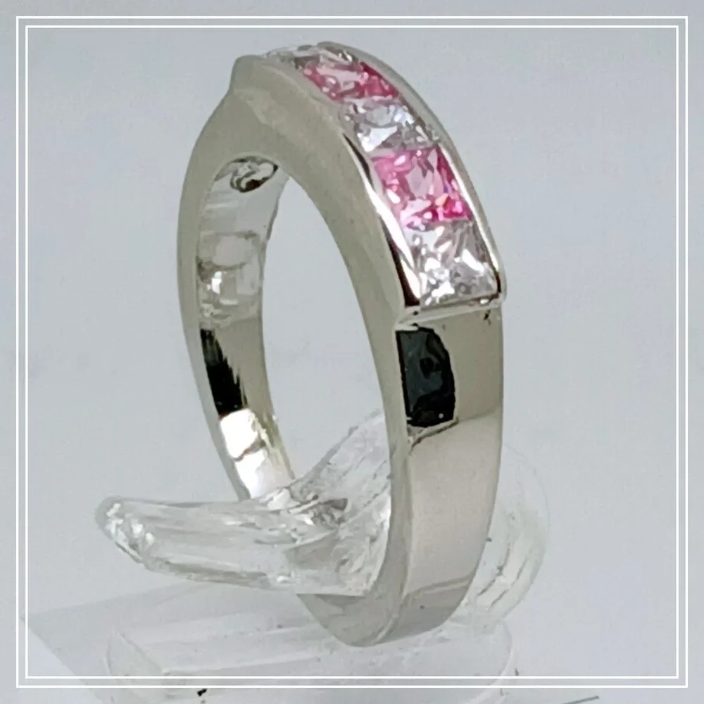 Vintage 90s Pink Clear Princess Cut CZ Channel Set Silver Tone Band Ring Size 10